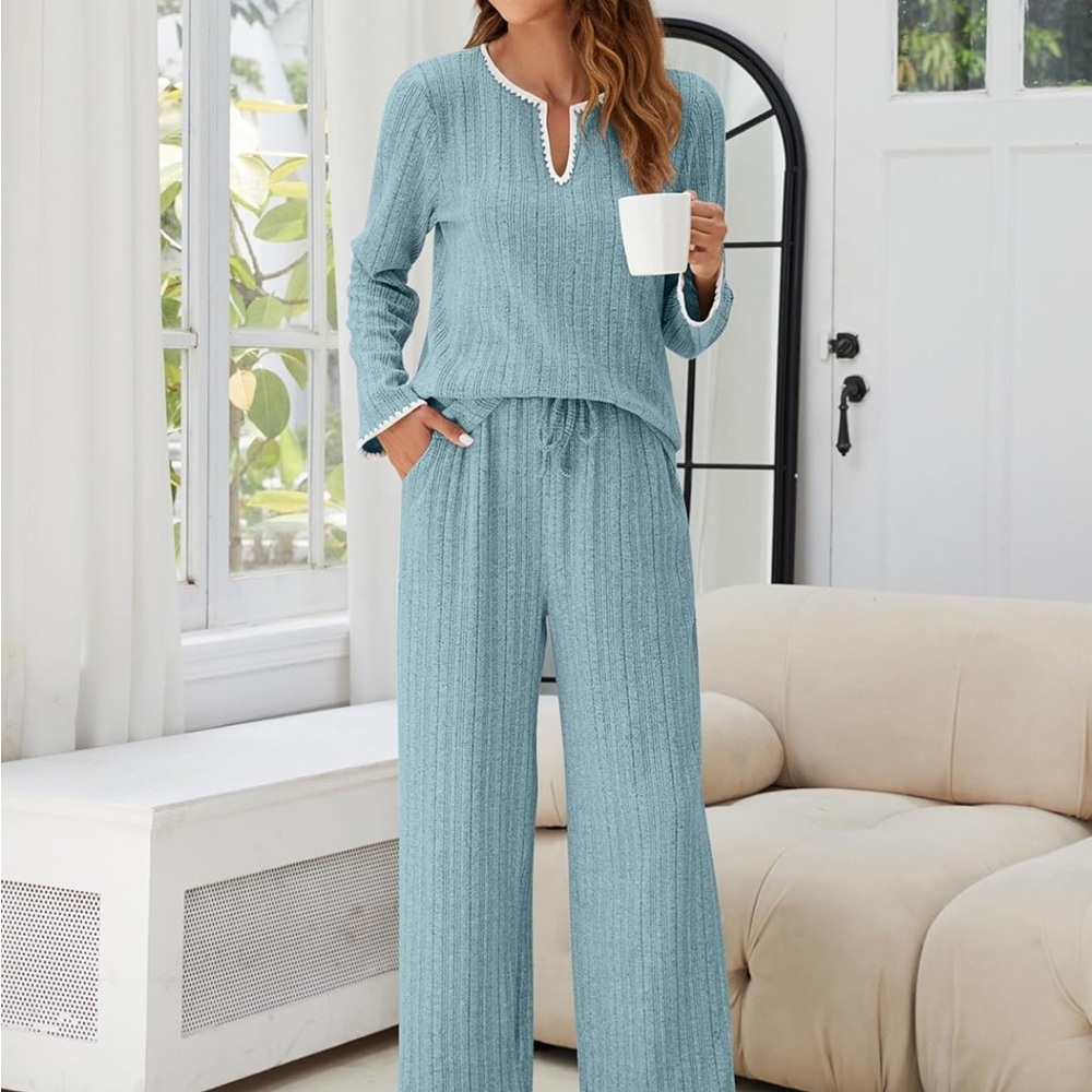 Light Blue Lounge Set, Blooming Jelly Womens Ribbed Soft Lounge Set